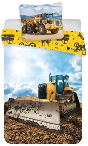 Se Junior sengetøj 100x140 cm - Bulldozer - sengesæt med 'gravemaskine' - 2 i 1 design - 100% bomuld hos Dynezonen.dk